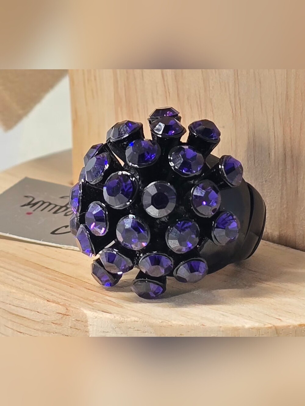 Sequin - Black-Tone Cocktail Stretch Ring with Indigo Blue Crystal Stones